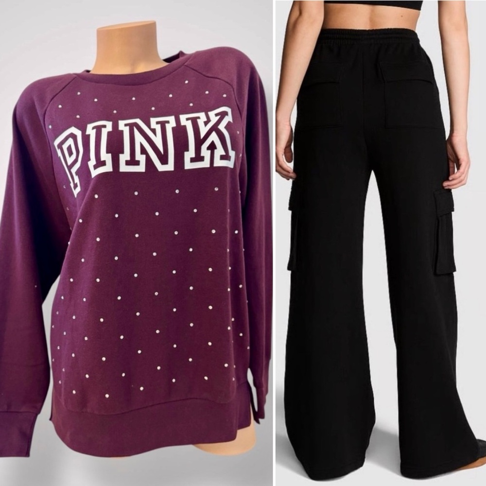 PINK Victorias Secret Fleece Bling Sweatshirt & Ivy Polar Pants Wide-Leg Black S